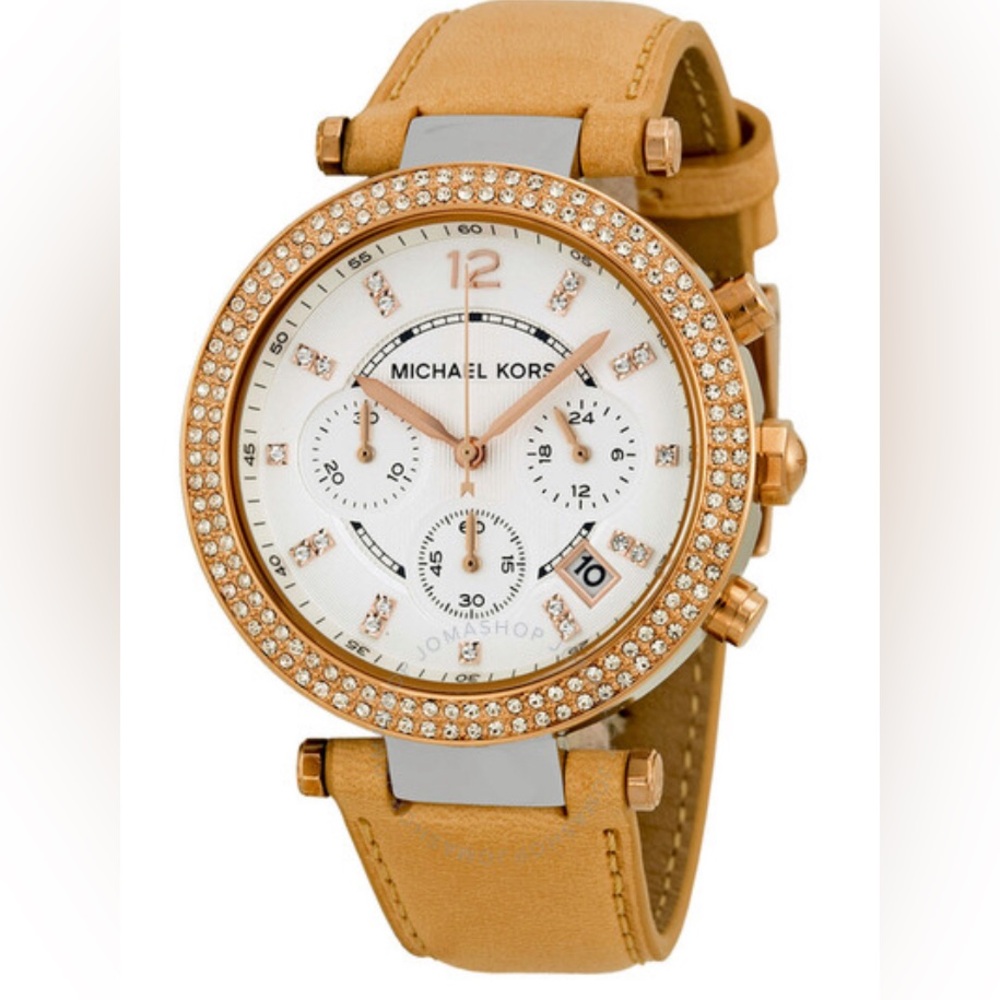 Michael Kors Women's Parker  Silver brown Leather Quartz  Chronograph Watch